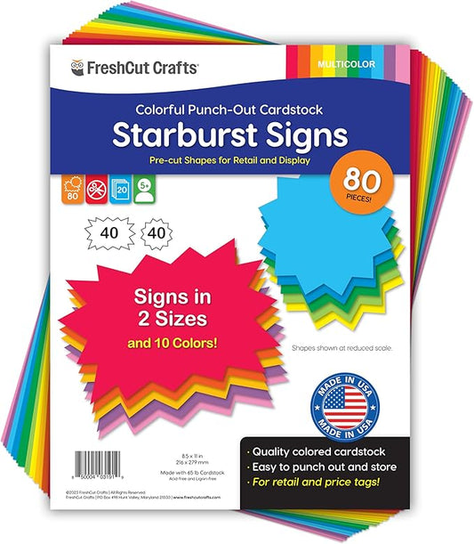 FreshCut Crafts 80 pcs Starburst Signs Multicolor Blank Tags in 2 Sizes for Retail Sales, US Made Card Stock Punch Out Signs for Garage Sale Yard Sale Bulletin Board Decoration