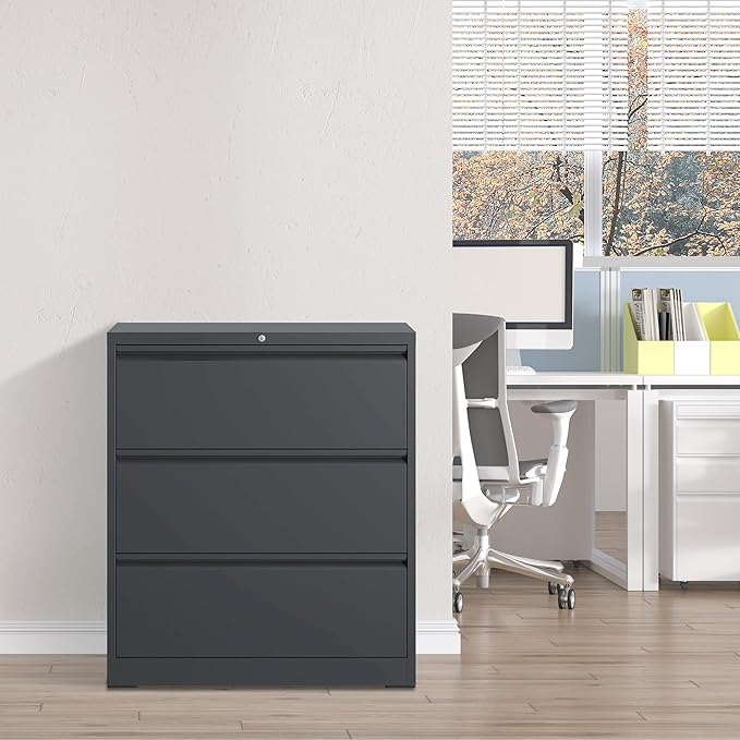 Locking Filing Cabinet with 3 Drawer Heavy Duty Large Metal Cabinet Home Office Black Lateral File Cabinets Wide Steel Cabinets for Legal/Letter Size File,Assembly Required
