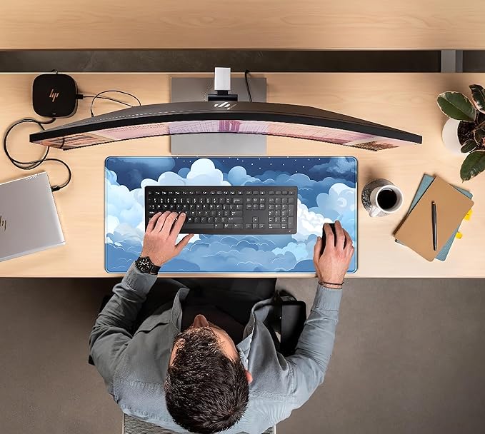 Aesthetic Blue and White Puffy Clouds Desk Mat, XXL Large Kawaii Blue Extended Gaming Mouse Pad with Stitched Edges, Cute Big Laptop Keyboard and Mouse Mat for Women Office Decor Mat 31.5x15.7 in
