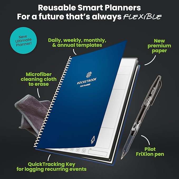 Rocketbook Flex Reusable Planner, Smart Undated, Daily, Weekly, Monthly, Annual Calendar Templates, Letter Size 8.5x11, Navy Blue (Pack of 1)