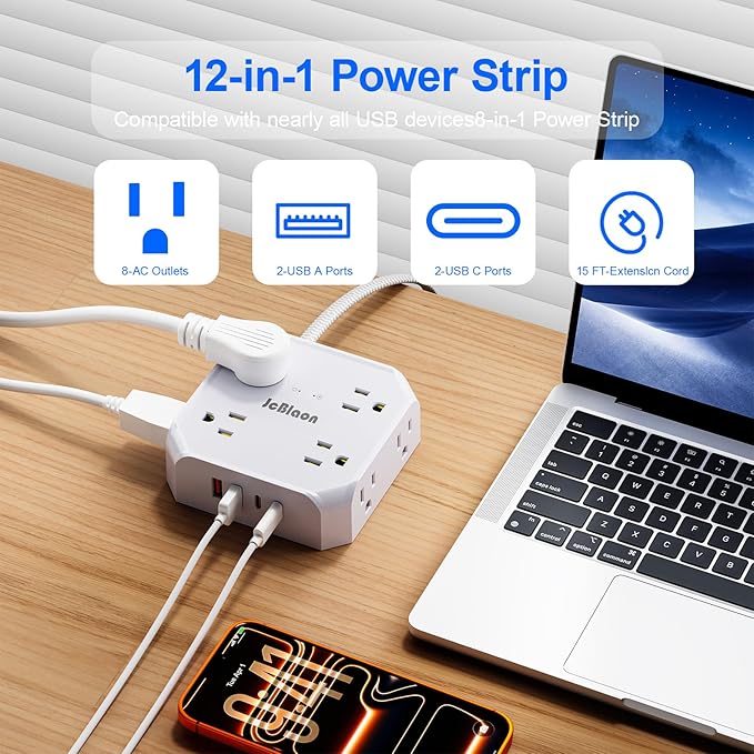 Multiple Outlets Surge Protector Power Strip, 15ft Braided Long Extension Cord with 4 USB Charging Ports(2 USB C) Flat Wall Plug Outlet Heavy Duty Charging Station for Home College Dorm Essentials