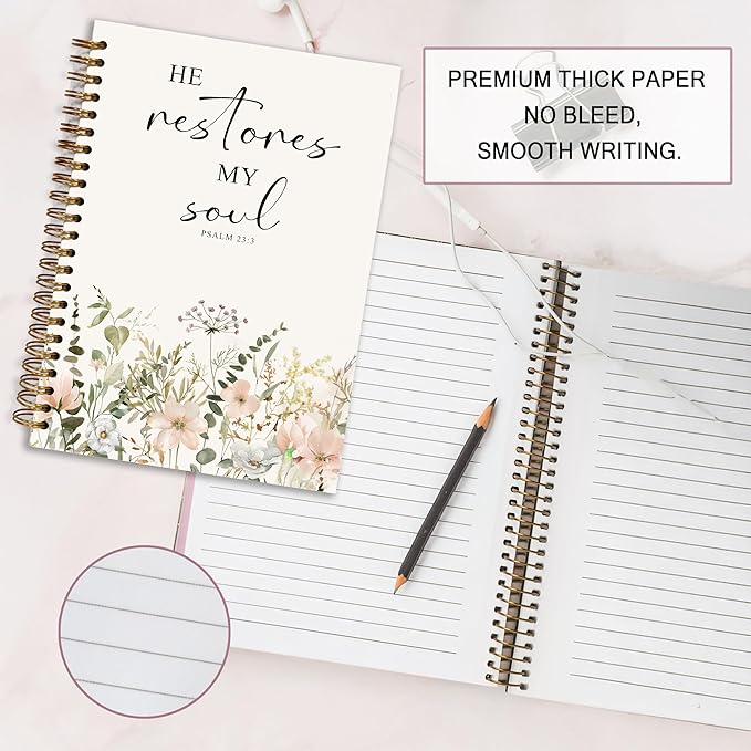 Bible Notebook, A5 Spiral Christian Journal with Floral Notebook, Bible Verse-He Restores My Soul, Inspirational Notebooks for Women, Bible Study, Gift for Birthday Christmas, Office Supplies (White)