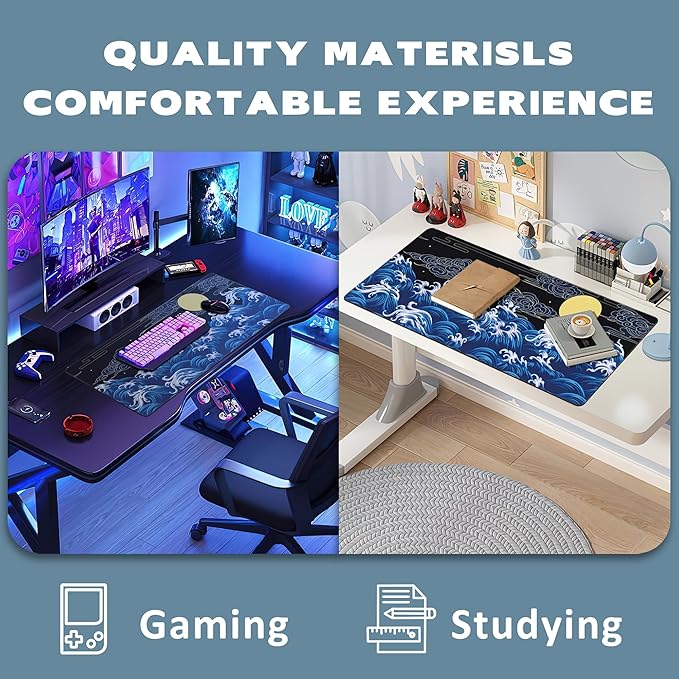 Large Mouse Pad Decorative Waves in Oriental Style Extended Gaming Mouse Pad Desk Mat Stitched Edges Mousepad Non-Slip Rubber Base Keyboard Pad for Laptop Computer PC 35.4 x 15.7 inches