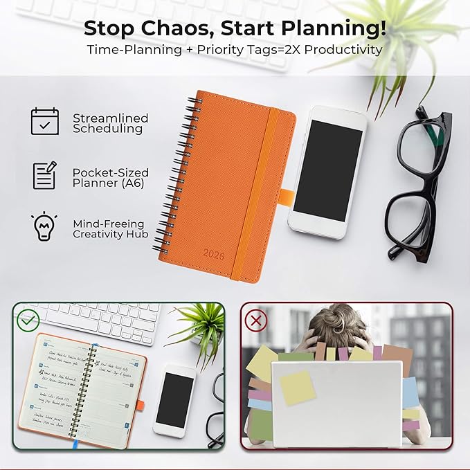 Planner 2026 Daily Weekly and Monthly,6.5"x3.75",12 Months Spiral Bound Calendar Agenda with Self-adhesive Pen Holder,2026 Appointment Book with Vegan Leather Soft Cover,Orange