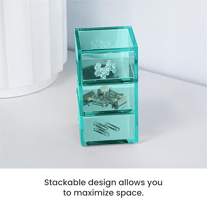 OfficeGoods 3-Tier Stackable Acrylic Holder- Stylish Desk Organizer and Storage for Office or Home – Transparent Square Design, Green with Silver Metal Base