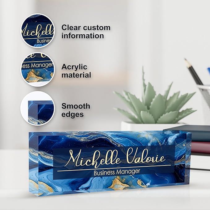 Personalized Name Plate for Desk, Custom Desk Name Plate, Acrylic Name Plate Office Desk Accessories, Personalized Office Gifts for Coworkers Teachers, Employee Appreciation Gifts (B-Blue Marble)