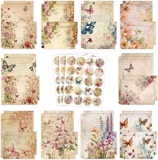160 Packs Stationery Paper and Envelopes Set 10 Different Designs, 50 One Sided Stationery Writing Papers with 50 Matching Envelopes and 60 Round Dot Sticker, 5.5 x 8.25 Inch (VintagePlant)