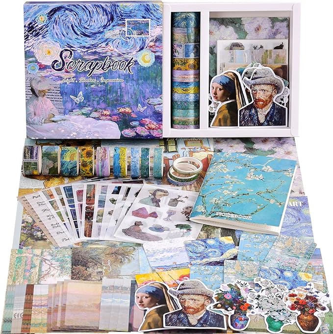 Scrapbooking Supplies Kit, Monet Van Gogh Oil Painting Theme Scrapbook Kit for Bullet Junk Journal, 12 Rolls Washi Tape, Stickers Papers for DIY Journaling Supplies, Craft Gift for Girl Kid Women