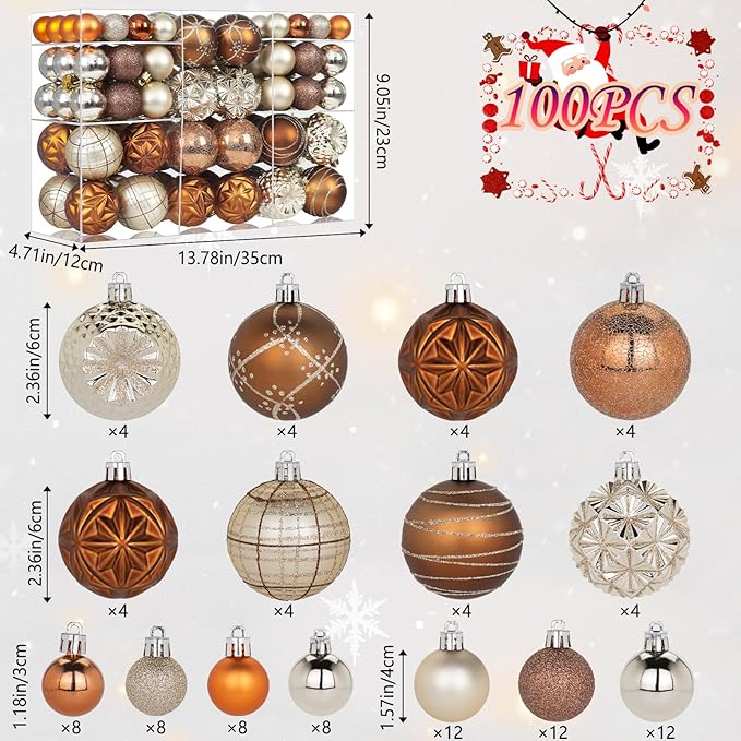 100ct Brown and Gold Christmas Ornaments Set, Shatterproof Xmas Tree Ornaments Decorations Collection, Hanging Plastic Christmas Balls for Holiday Party Wedding (Brown&Gold)