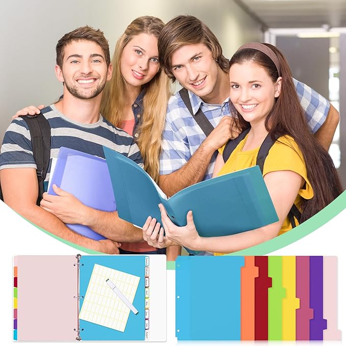 48PCS/6 Set Binder Dividers with Tabs, 8-Tab Dividers for 3 Ring Binder, 3-Hole Punched Letter Size Plastic 3 Ring Binder Dividers for School Office Home Document Organizer, Multicolor