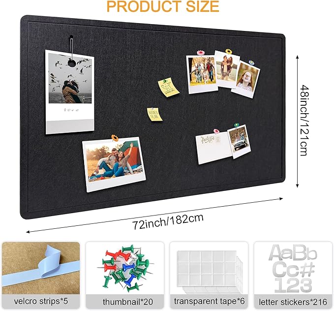 Large Bulletin Board - Foldable 72x48 Inches Cork Board Alternative with 20 Push Pins and 237 Pcs Glitter Letters, 6' x 4' Self-Adhesive Felt Bulletin Board for Wall, Home Office Decor