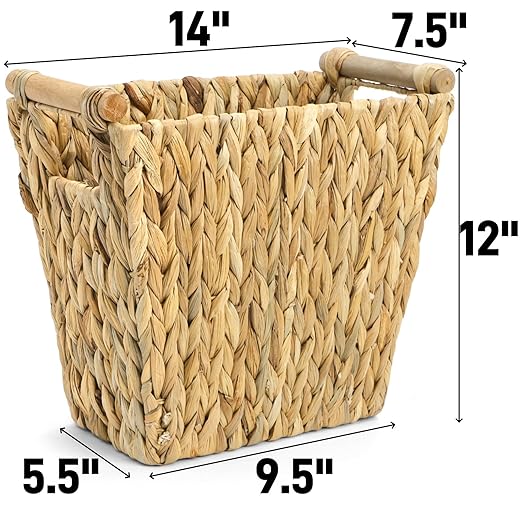 Wicker Waste Basket, Water Hyacinth Trash Can with Wooden Handles, Boho Handwoven Storage Container, Rustic Bathroom Garbage Bin, Decorative Magazine Holder for Home, Bedroom, Laundry, Office