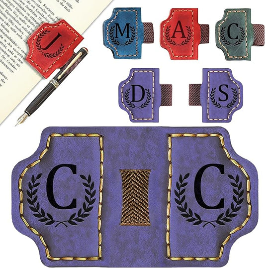 Bygone Mark Bookmark with Pen Holder, 26 Letters Name Initial Personalized Magnetic Bookmarks, Leather Book Mark for Men Women, Travelers Accessories, Teachers Readers Book Lovers Gifts (Purple, C)