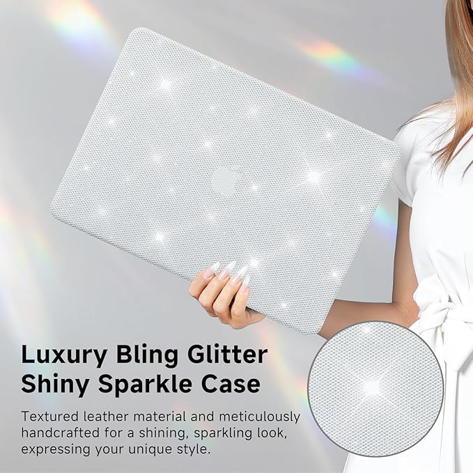 KEROM Glitter Case for MacBook Pro 14 inch 2025-2021 M5 M4 M3 M2 M1 Chip A3434 A3112 A3185 A3401 A2918 A2992 A2779 A2442, Luxury Bedazzled Bling Sparkle PU Leather Hardshell & Keyboard Cover, White