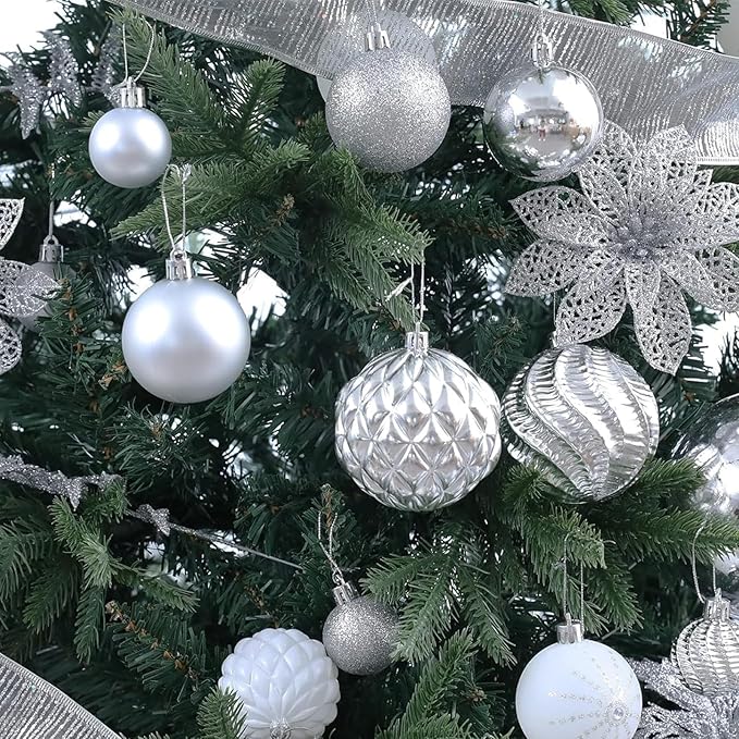 Christmas Balls Ornaments -36pcs Shatterproof Christmas Tree Decorations with Hanging Loop for Xmas Tree Wedding Holiday Party Home Decor,6 Styles in 3 Sizes(Silver)