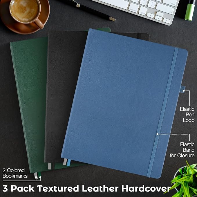 3 Pack College Ruled Notebook, A4 Hardcover Leather Notebook for Work, Lined Notebook Journal for Women, Men, 192 Thick Paper, 8.5" x 11", Large Notebook, Professional Business Notebook, Multicolor