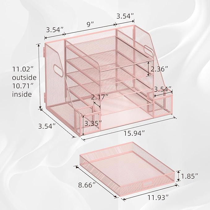 SUPEASY Mesh Desk Organizer with File Holder, 5-Tier Paper Letter Tray Organizer with Magazine Holder, Desktop Organizer and Storage with Drawer for Office Supplies Home or School, Pink