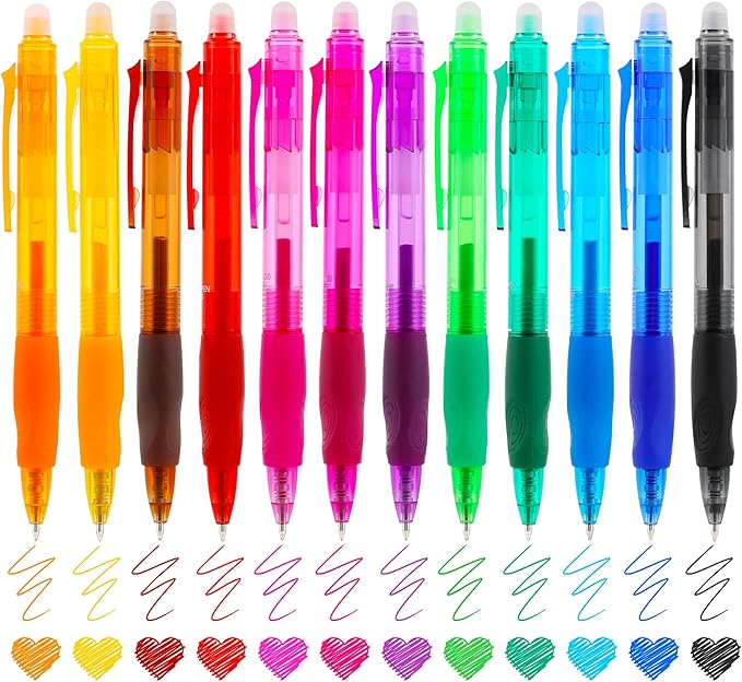 USUAL Retractable Erasable Pens 12 Colored Erasable Gel Pen 0.5mm Erasable Gel Pens Black Make Mistakes Disappear Smooth Writing Pen Office Back-to-School Supplies (12 Colors)