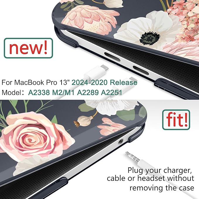 TWOLSKOO Compatible with MacBook Pro 13 inch Case 2023-2016 A2338 M2/M1 A2251 A2289 A2159 A1989 A1706, Plastic Hard Shell Cover & Keyboard Skin & Screen Protector, Rose Flower