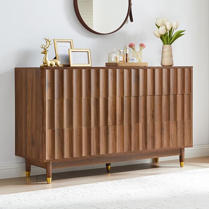 Fluted 6 Drawer Dresser, 53" Wide Modern Storage Chest of Drawers, Wood Drawer Organizer for Bedroom, Living Room, Hallway