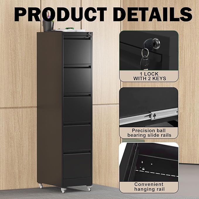 5 Drawers Filing Cabient with Wheel, File Cabinet with Lock, Steel Vertical Filing Storage Cabinet for Office, Heavy-Duty File Cabinets for Letters/Legal/A4 (Require Assembly, Black)
