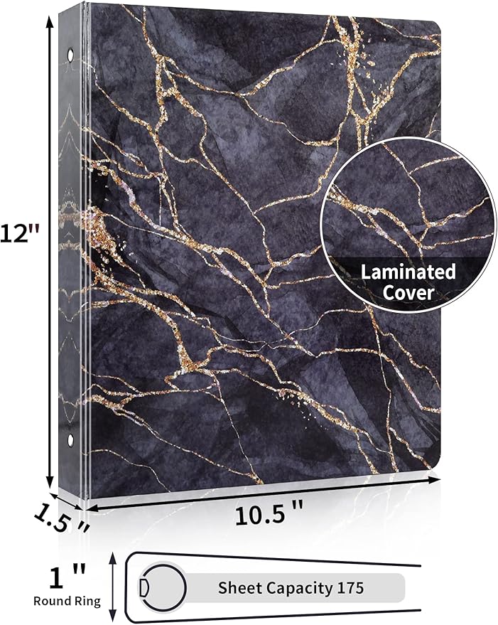 SUNEE 3 Ring Binder, 1 Inch, Cute Binder with 2 Pockets, Decorative Black Marble Heavy Duty (Fit 8.5x11 Inches) for School & Office