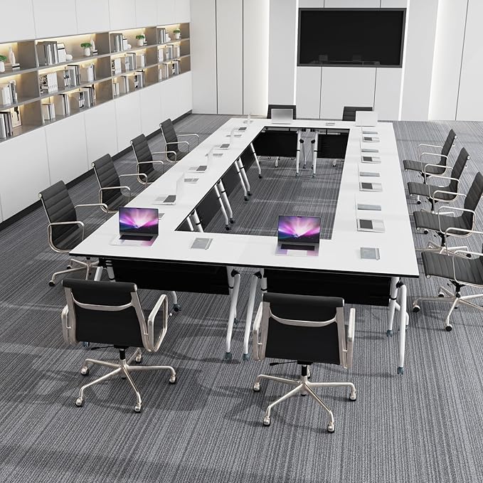 Conference Table, Folding Conference Room Tables, Mobile Training Tables with Silent Wheels, Large Rectangular Modular Seminar Table Office Computer Desks for Classroom White (6Pack L55.1in)