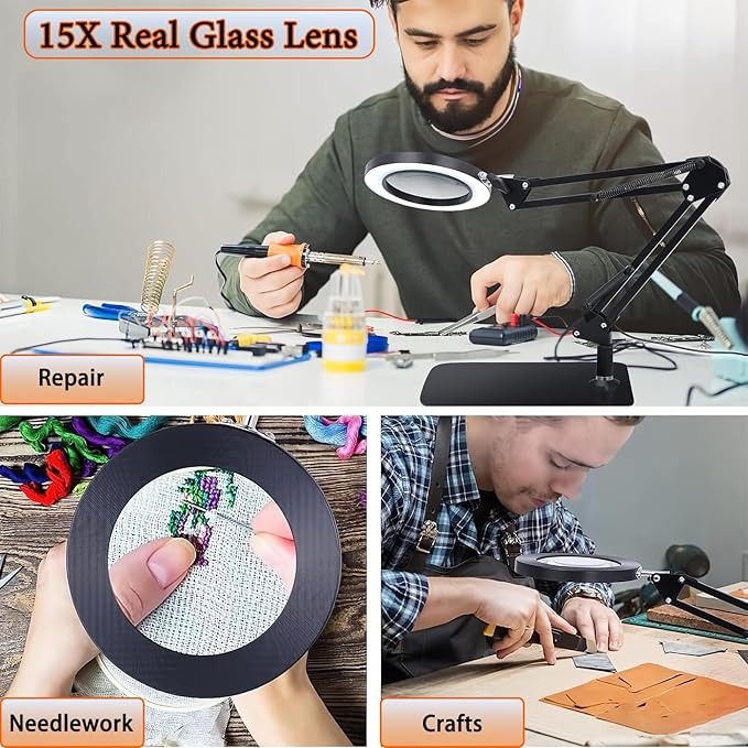 15X Magnifying Glass Lamp with Clamp and Stand, 72 LEDs Desk Lamp with 3 Color Temperatures and 10 Levels Adjustable Brightness for Diamond Art Accessories Hobbies Crafts Reading Close Work Magnifier