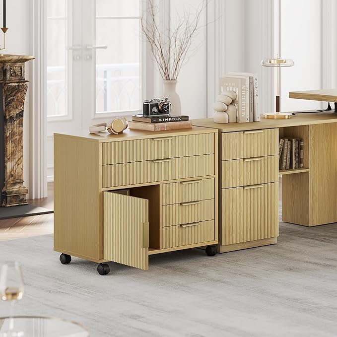 Fluted File Cabinet with 5 Drawers, Large Storage with Cabinet Door, Mobile Filing Cabinet with Locable Wheels for Home Office, Light Walnut