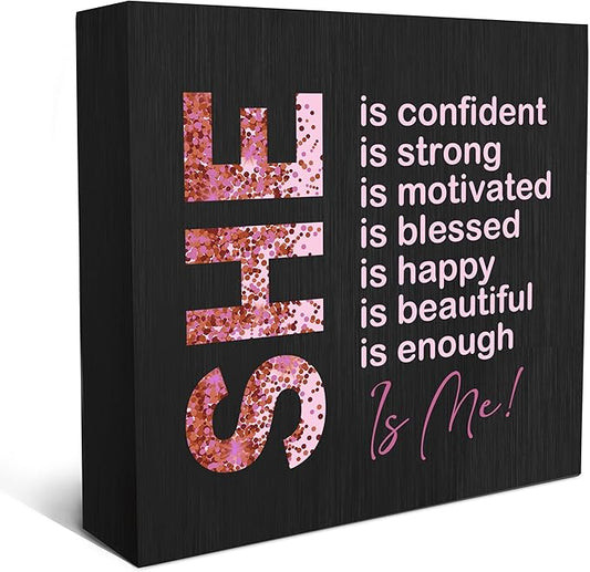 SRADMO Inspirational Woman Affirmation Wood Box Sign, Feminist Gifts, Female Women Empowerment Gifts, Motivational Positive Theme Wooden Block Box Sign Decoration for Home Shelf Table Decor