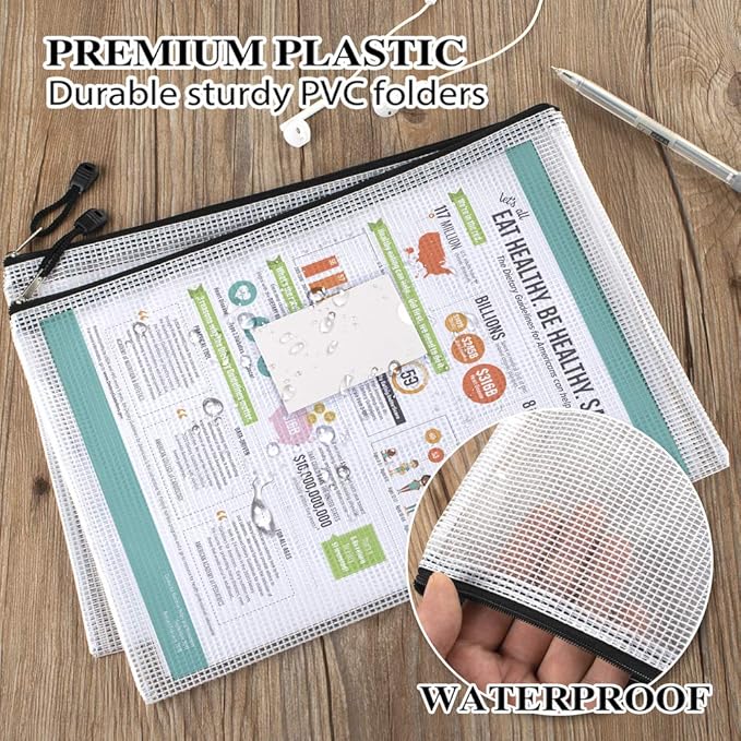 Sooez 20 Pack Mesh Zipper Pouch with Label Pocket, Plastic Zip File Folders, Letter Size A4 Zipper Document Bag for Teacher School Office Supplies, Classroom Organization, Board Game Storage，Black