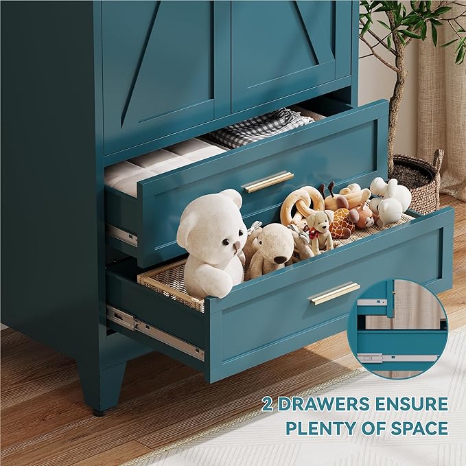 Metal Wardrobe Cabinet with Hanging Rod, 71" Armoire Wardrobe Closet with 2 Drawers,Farmhouse Metal Clothing Storage Cabinets with Door and Adjustable Shelves for Bedroom,Laundry Room(Blue)