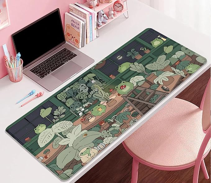Cute Frog Desk Mat Mouse Pad,Cartoon Frog Desk Pad,Kawaii Green Desk Decor,Desk Mat for Frog Desktop,Stitched Edges Non-Slip Waterproof Rubber Base Mous Mat for Office Home Work Gaming(27.5X11.8 in)