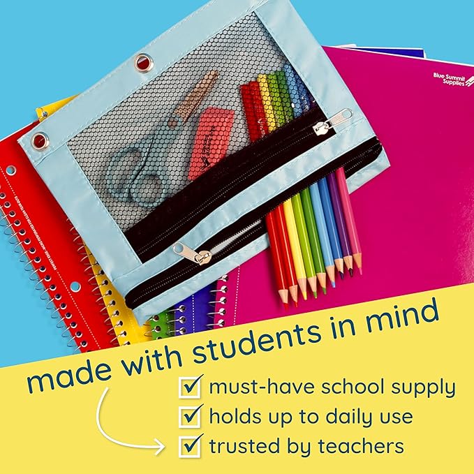 Blue Summit Supplies Pencil Pouches, Bulk Pencil Pouch 12 Pack in Assorted Colors for Storing School Supplies, Writing Utensils, and more, Cloth Zipper Pouches for 3 Ring Binders, 12 Count