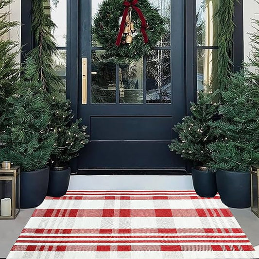 Christmas Door Mat Outdoor 27.5” x 43” Red and White Plaid Rug Christmas Decor Rug Cotton Hand-Woven Layered Door Mats Washable Carpet for Front Porch, Kitchen, Farmhouse, Entryway (27.5” x 43”)