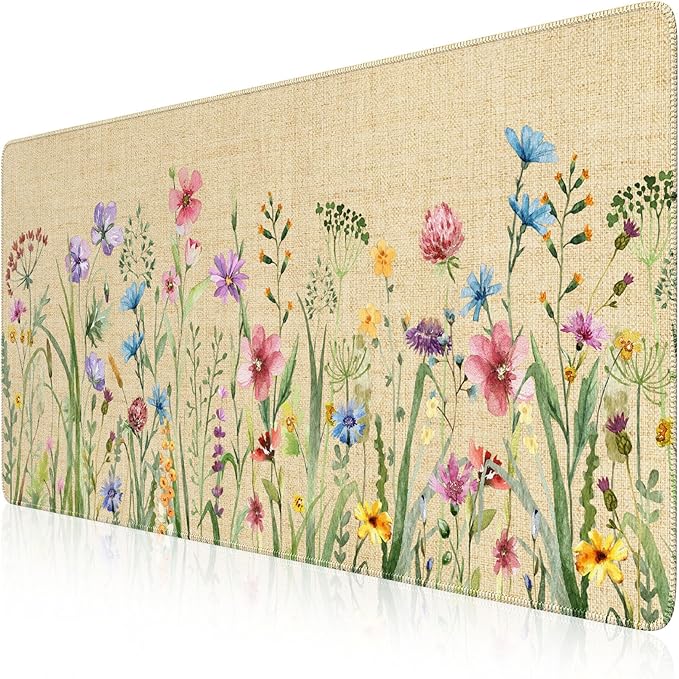 iCasso Desk Cover Mat, Extra Large Floral Mouse Pad, Desk Pad Mat,Office Matt for Desktop Protector, Anti-Slip XXL Big Mousepad with Stitched Edges for Laptop Computer Keyboard(Beige)