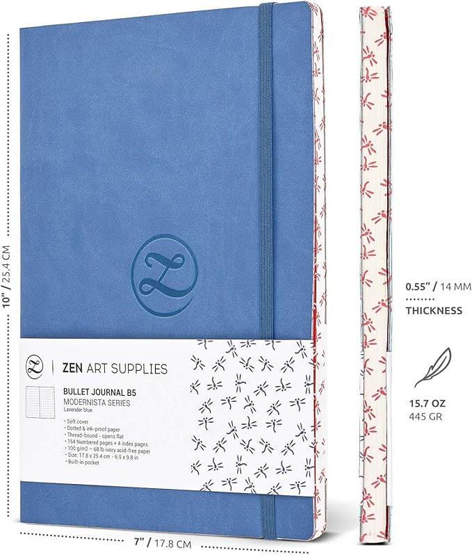 Large B5 Dotted Journal - Enjoy Bullet Journaling with a Soft Cover 7x10-inch, Non-Bleed Thick 120gsm Paper, Dot Journal in Blue, Japanese Edge Motif - Faux Leather Lay Flat Dot Grid Notebook