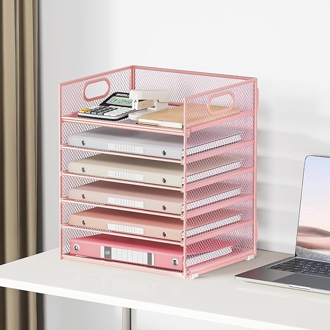 6 Tray Paper Organizer Letter Tray with Handle - Mesh Desk File Organizer, Paper Sorter Organizer for Office, Home or School File Folder Holder - Pink