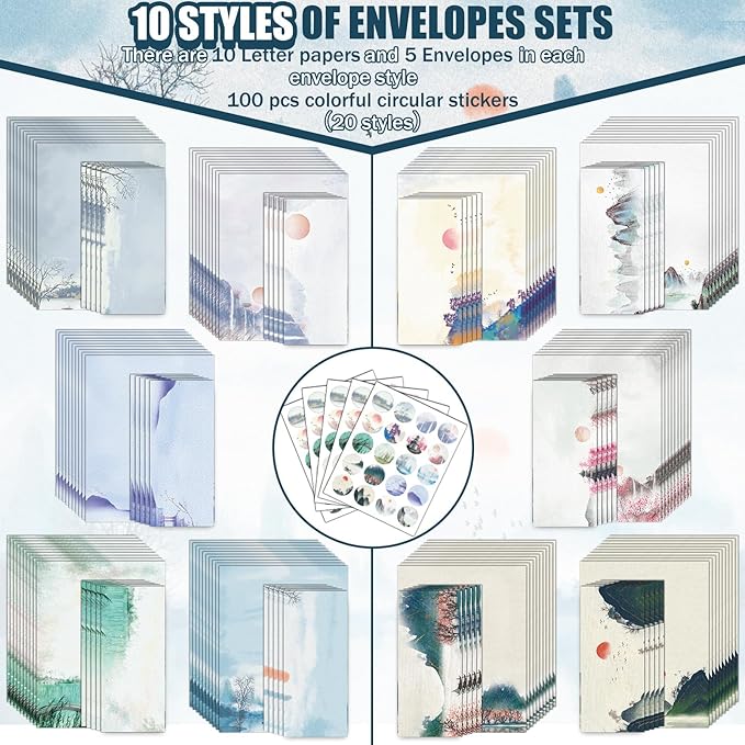 250Pcs Japanese Stationery Paper and Envelope Set with 100 Letterhead Papers and 50 Envelopes, 10 Design for Letter Writing Invitations Computer Holidays Party Notes, 8.5x11 Inch-Flower