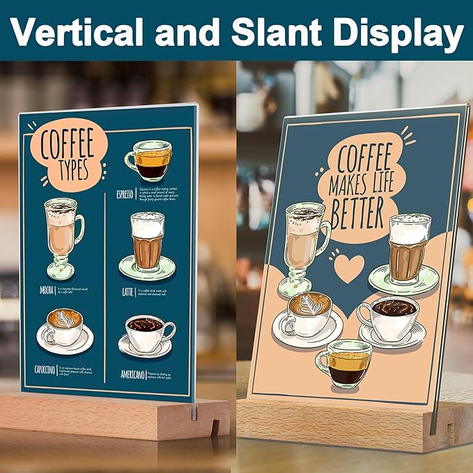 3 Pack Acrylic Sign Holder with Wood Base, Vertical and Slant Menu Flyer Stand, Double Sided Clear Display Stand for Restaurant, Wedding, Store, Office (5x7'', L/T Shape 2 in 1)