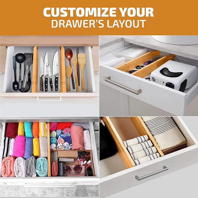 4 Pack Drawer Dividers Bamboo 2.6" High, 16-22" Adjustable Drawer Organizers for Clothes, Expandable Dresser Separators in Bedroom/Bathroom/Kitchen/Office Organization and Storage (Natural)