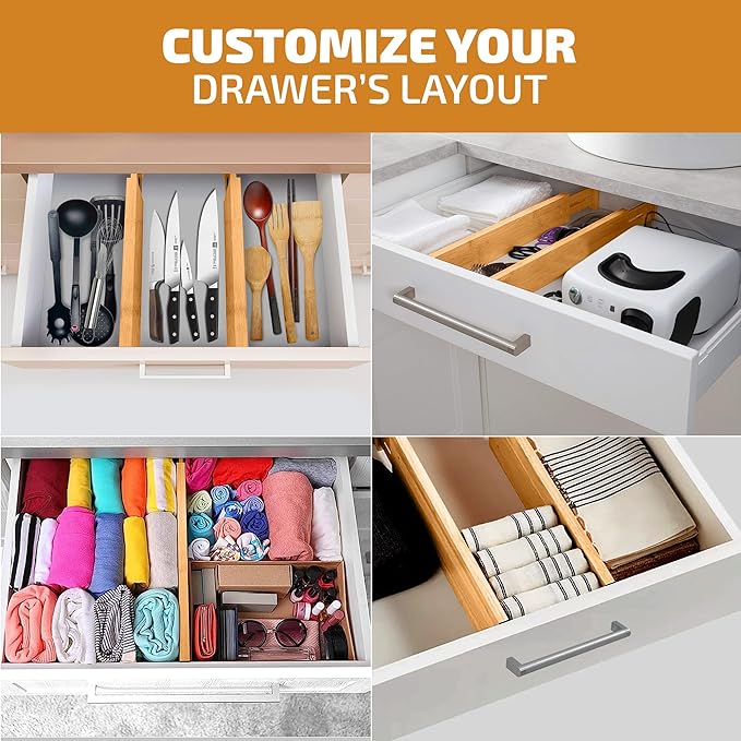 Bambüsi 4 Pack Drawer Divider - Bamboo 2.6" High, 12.5-17" Adjustable Drawer Organizers for Clothes, Expandable Dresser Separators in Bedroom/Bathroom/Kitchen/Office Organization and Storage