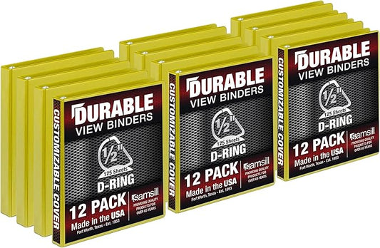 Samsill Durable 0.5 inch 3 Ring Binder, Made in USA, D Ring Binder,FSC 100% Recycled Chipboard, Yellow, 12 Pack