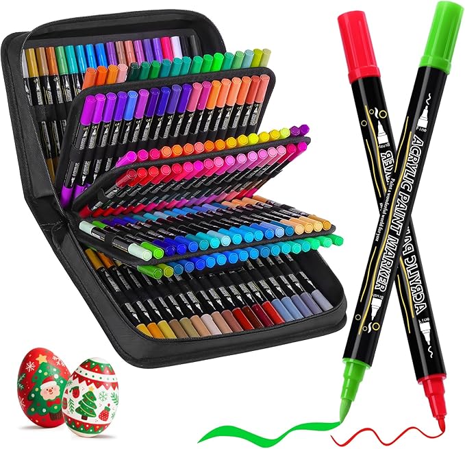 Tongfushop 144 Colors (16 Metallic) Acrylic Paint Marke, Dual Fine & Brush Tip Paint Pens, No Bleed & Quick-Dry with Case for Rock Painting, Canvas, Wood, Ceramic, Glass, Adult & DIY Art Supplies