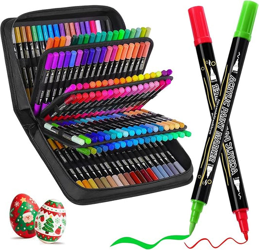 Tongfushop 144 Colors (16 Metallic) Acrylic Paint Marke, Dual Fine & Brush Tip Paint Pens, No Bleed & Quick-Dry with Case for Rock Painting, Canvas, Wood, Ceramic, Glass, Adult & DIY Art Supplies