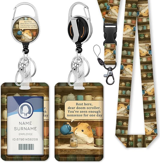 Gctriki Cute Hamster Retractable ID Badge Holder with Lanyard, Heavy Duty Nurse Badge Reel with Carabiner Clip, Teacher ID Card Holder with Motivational Quote for Medical Staff Office Accessories