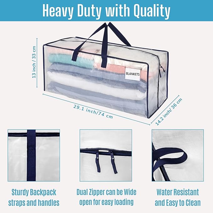 VENO 6 Pack Moving Bags w/Backpack Straps, Heavy Duty, Moving Boxes Alternative, Packing Supplies, Large Storage Totes for Dorm Room Essentials with Zipper for Clothes (Clear, 6 Pack)