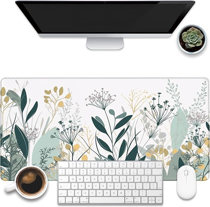 Desk Mat, Green Gold Plant Leaves Desk Pad, Wildflowers Large Gaming Mouse Pad for Desk, 31.5"x15.7" Extended Big Computer Keyboard Mouse Pad with Non-Slip Base and Stitched Edge