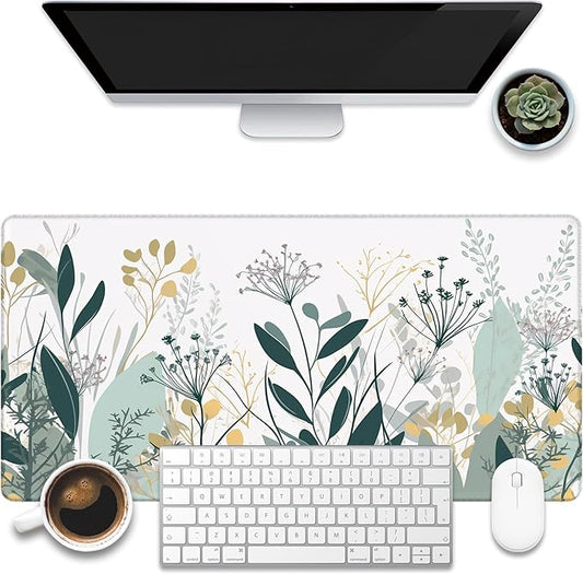 Desk Mat, Green Gold Plant Leaves Desk Pad, Wildflowers Large Gaming Mouse Pad for Desk, 31.5"x15.7" Extended Big Computer Keyboard Mouse Pad with Non-Slip Base and Stitched Edge