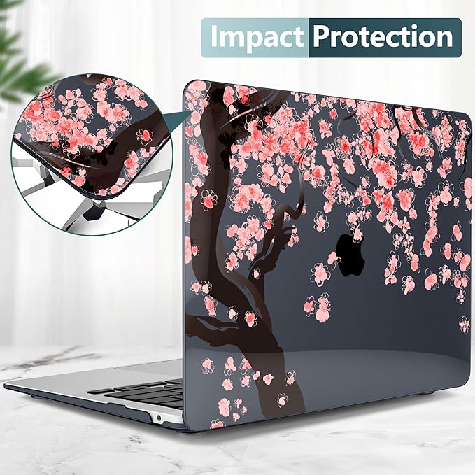 DONGKE MacBook Case for MacBook Air 13 inch M1/A2179/A1932, Crystal Black Hard Shell Cover with Cherry Blossom Pattern, Touch ID & Retina Display Compatible